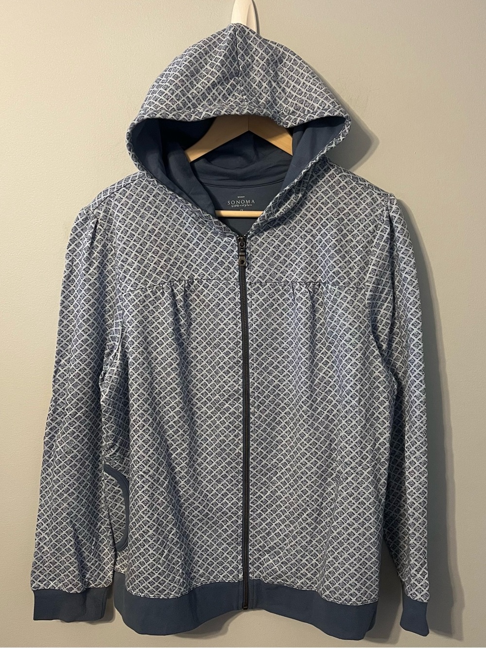 Geometric-Pattern Full Zip Hoodie Women’s 1X Blue Gathered Yoke Cotton - Sonoma